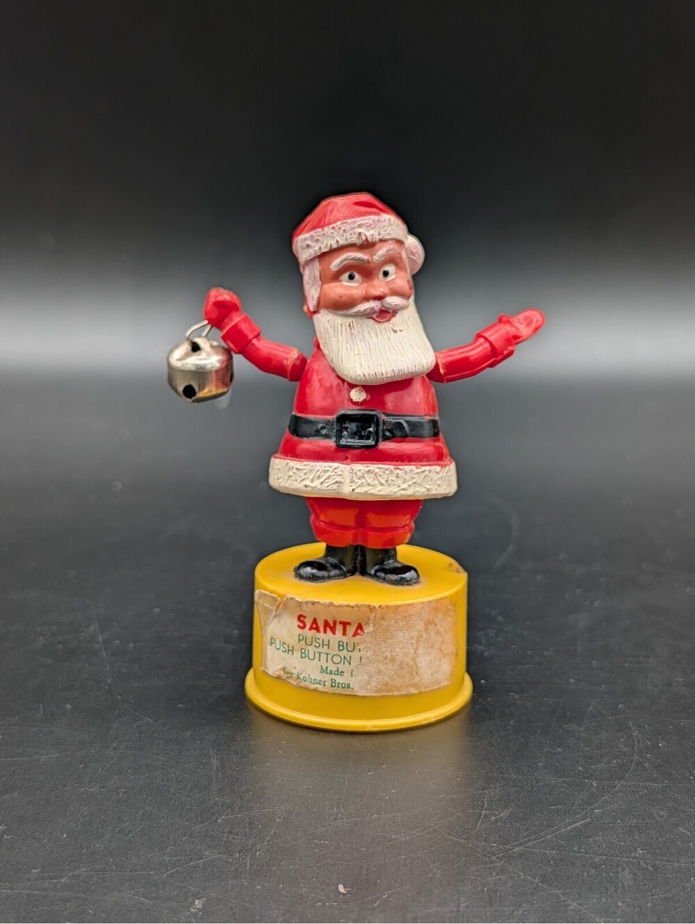 Vintage Kohner Bros Plastic Santa Push Button Puppet Toy Jingle Bell Hong Kong